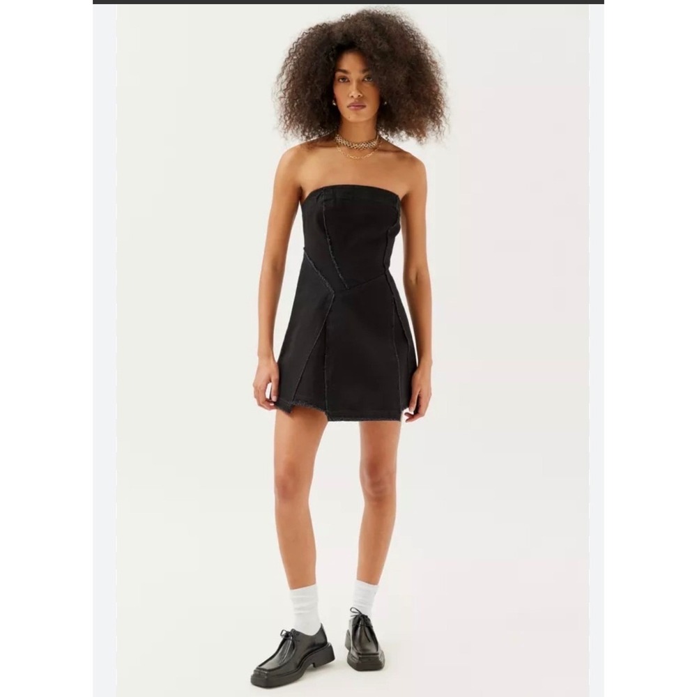Y2K Urban Outfitters Jasmin Denim Spliced Strapless Raw Edge Mini Dress L Black